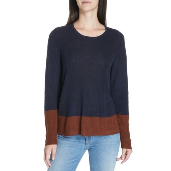 Eileen Fisher Colorblock Tencel Silk Blend Long Sleeve Sweater Navy Brown Small - Picture 1 of 7